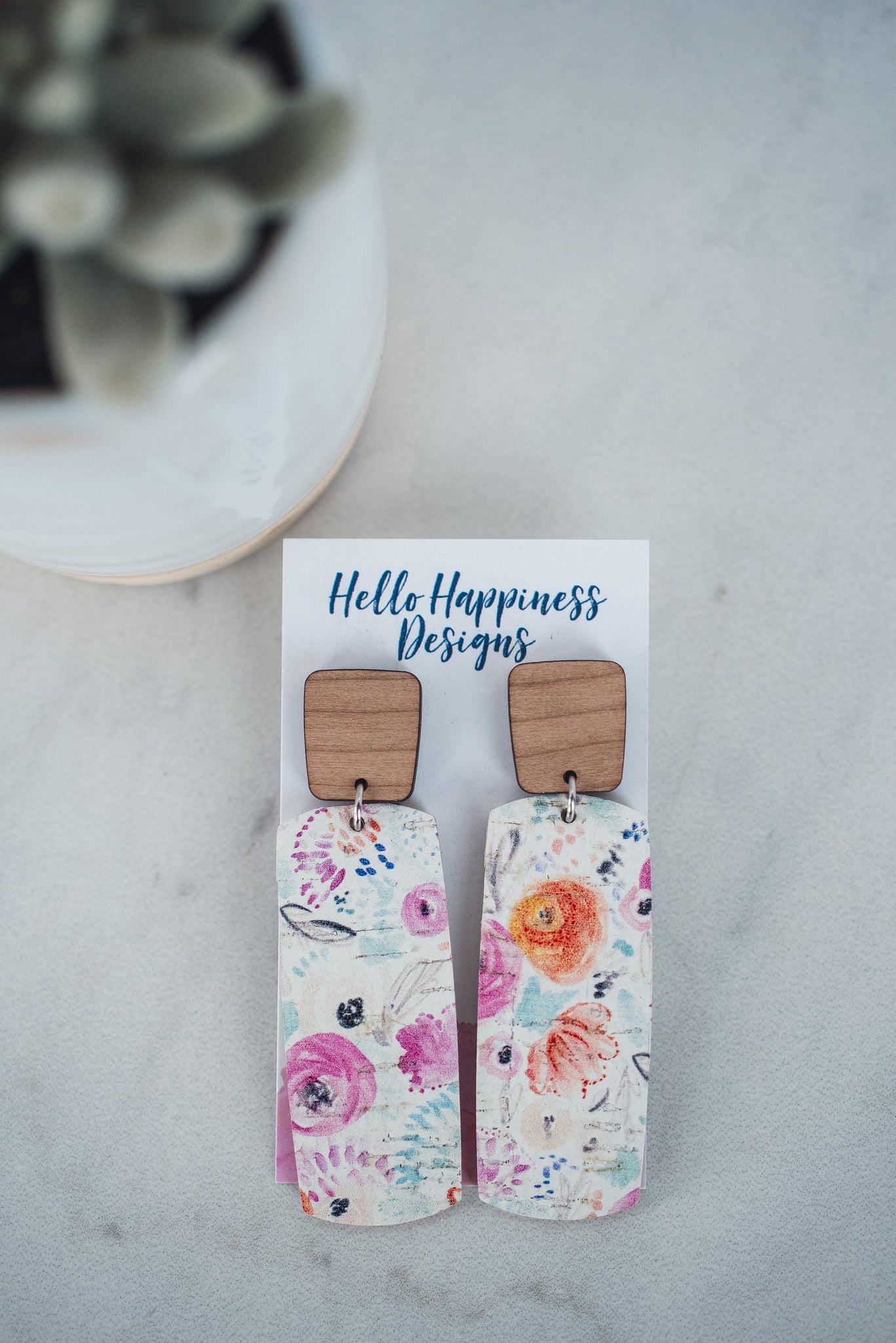 Watercolor Floral Cork Leather Earrings